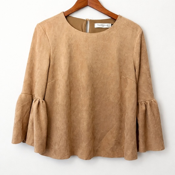 B.Original Faux Suede Bell Sleeve Top Boho Chic Camel Tan Size M - Picture 2 of 10